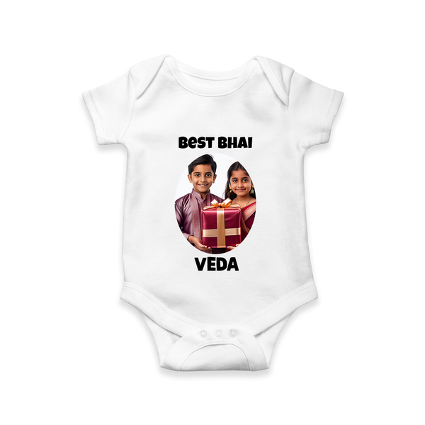 Pamper Me with Gift Rakhi Print Romper  – brother-sister gift giving illustration. - WHITE - New Born (Chest 14")