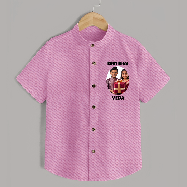 Pamper Me with Gift Rakhi Print Shirt – brother-sister gift giving illustration. - BABY PINK - 0 - 6 Months Old (Chest 23")