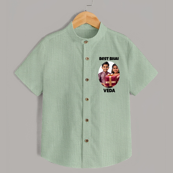 Pamper Me with Gift Rakhi Print Shirt – brother-sister gift giving illustration. - MINT GREEN - 0 - 6 Months Old (Chest 23")