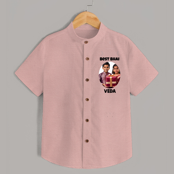 Pamper Me with Gift Rakhi Print Shirt – brother-sister gift giving illustration. - PEACH - 0 - 6 Months Old (Chest 23")