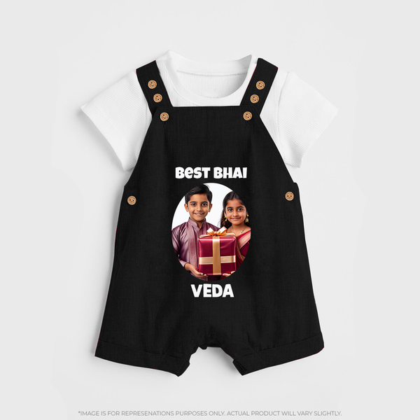 Pamper Me with Gift Rakhi Print Dungaree – brother-sister gift giving illustration. - BLACK - 0 - 5 Months Old (Chest 18")