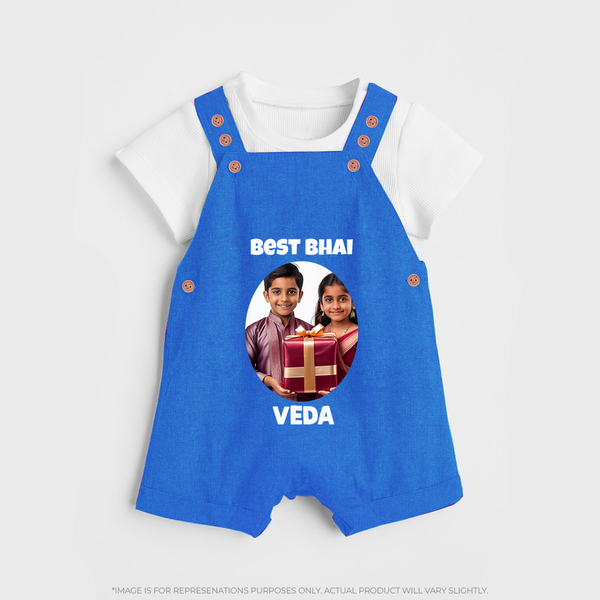 Pamper Me with Gift Rakhi Print Dungaree – brother-sister gift giving illustration. - COBALT BLUE - 0 - 5 Months Old (Chest 18")