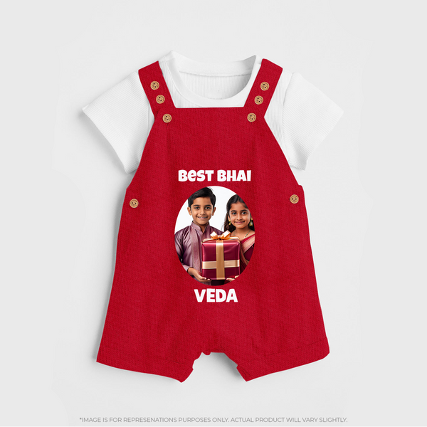 Pamper Me with Gift Rakhi Print Dungaree – brother-sister gift giving illustration. - RED - 0 - 5 Months Old (Chest 18")