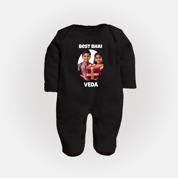 Pamper Me with Gift Rakhi Print Fullbody Suit – brother-sister gift giving illustration. - BLACK - New Born (Chest 7.5")