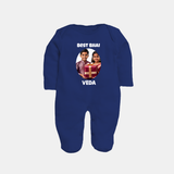Pamper Me with Gift Rakhi Print Fullbody Suit – brother-sister gift giving illustration. - NAVY BLUE - New Born (Chest 7.5")