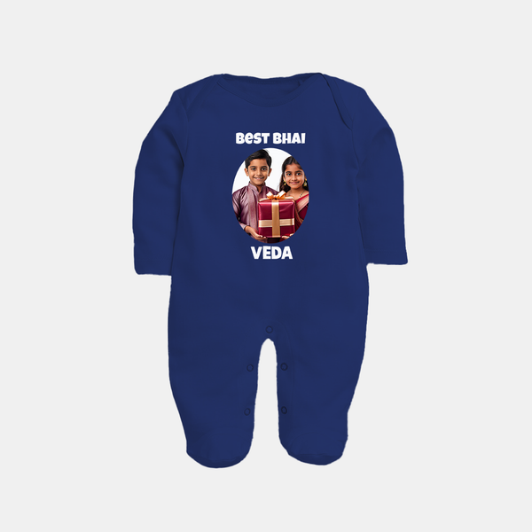Pamper Me with Gift Rakhi Print Fullbody Suit – brother-sister gift giving illustration. - NAVY BLUE - New Born (Chest 7.5")