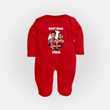 Pamper Me with Gift Rakhi Print Fullbody Suit – brother-sister gift giving illustration. - RED - New Born (Chest 7.5")
