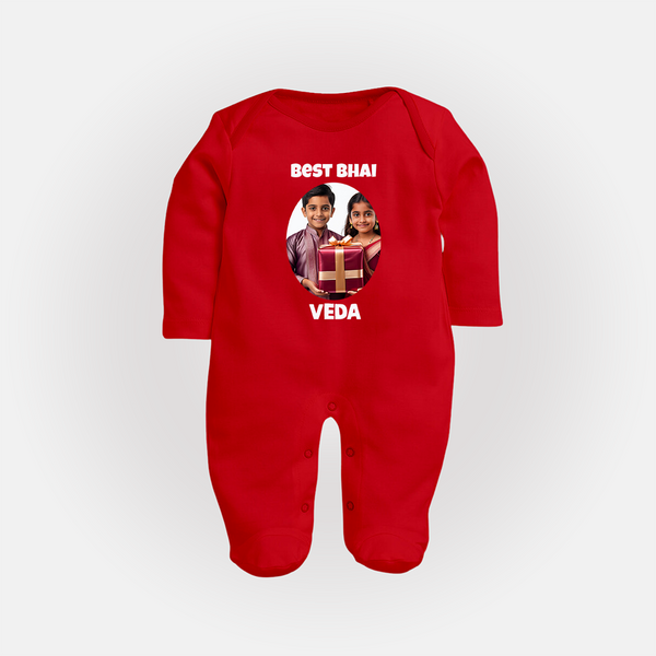 Pamper Me with Gift Rakhi Print Fullbody Suit – brother-sister gift giving illustration. - RED - New Born (Chest 7.5")