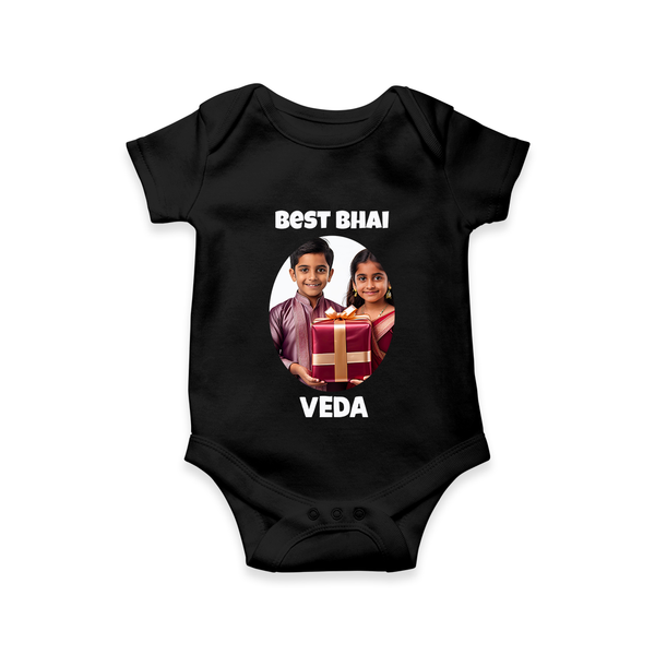 Pamper Me with Gift Rakhi Print Romper  – brother-sister gift giving illustration. - BLACK - New Born (Chest 14")