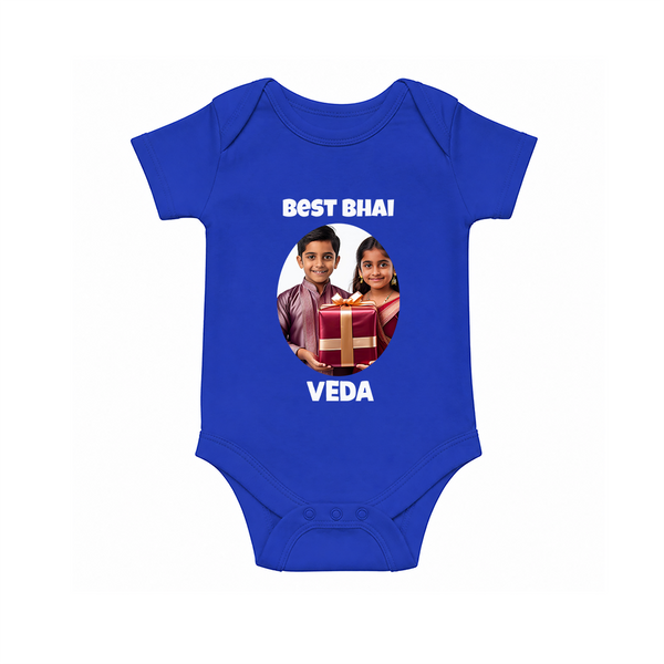 Pamper Me with Gift Rakhi Print Romper  – brother-sister gift giving illustration. - COBALT BLUE - New Born (Chest 14")
