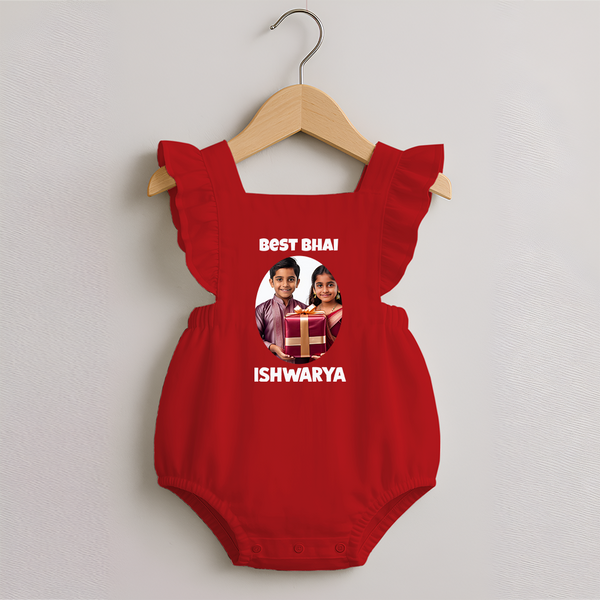 Pamper Me with Gift Rakhi Print Romper Frock – brother-sister gift giving illustration. - RED - 0 - 3 Months Old (Chest 19")