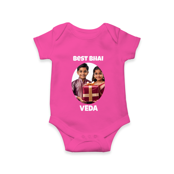 Pamper Me with Gift Rakhi Print Romper  – brother-sister gift giving illustration. - HOT PINK - New Born (Chest 14")