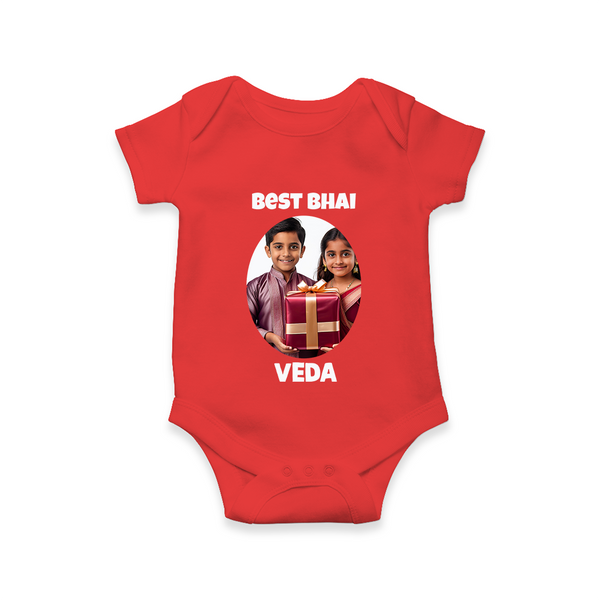 Pamper Me with Gift Rakhi Print Romper  – brother-sister gift giving illustration. - RED - New Born (Chest 14")