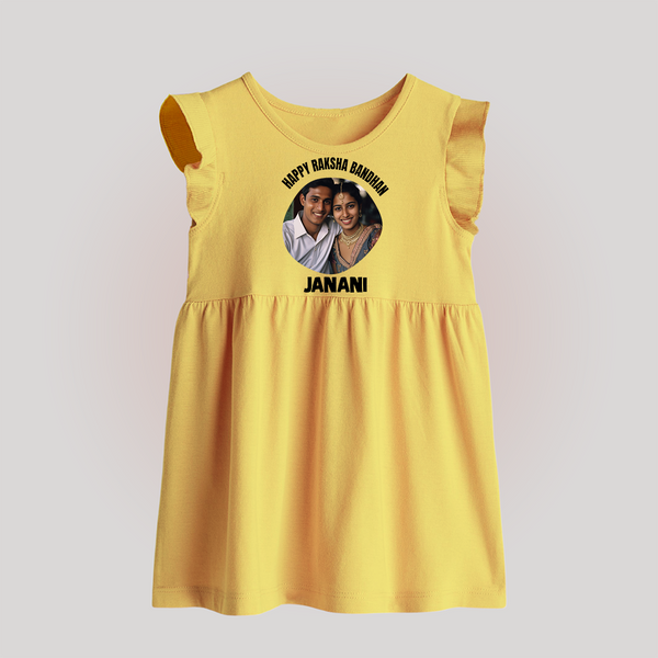 Happy Rakhi Cute Kids Print Baby Frock – boy-girl sitting and tying rakhi illustration. - PASTEL YELLOW - 0 - 3 Months Old (Chest 17")