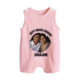 Happy Rakhi Cute Kids Print Button Romper – boy-girl sitting and tying rakhi illustration. - BABY PINK - New Born (Chest 18")