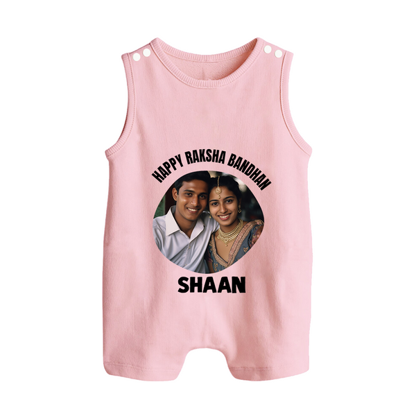 Happy Rakhi Cute Kids Print Button Romper – boy-girl sitting and tying rakhi illustration. - BABY PINK - New Born (Chest 18")