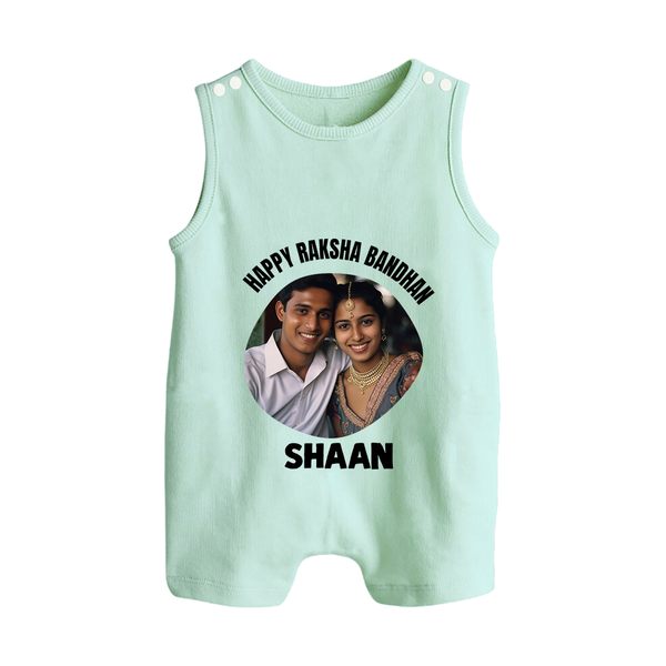 Happy Rakhi Cute Kids Print Button Romper – boy-girl sitting and tying rakhi illustration. - MINT GREEN - New Born (Chest 18")