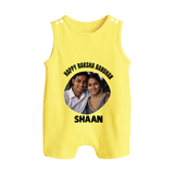 Happy Rakhi Cute Kids Print Button Romper – boy-girl sitting and tying rakhi illustration. - PASTEL YELLOW - New Born (Chest 18")