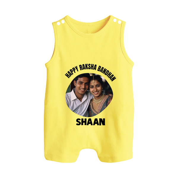 Happy Rakhi Cute Kids Print Button Romper – boy-girl sitting and tying rakhi illustration. - PASTEL YELLOW - New Born (Chest 18")