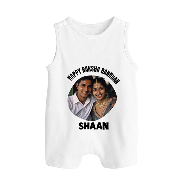 Happy Rakhi Cute Kids Print Button Romper – boy-girl sitting and tying rakhi illustration. - WHITE - New Born (Chest 18")