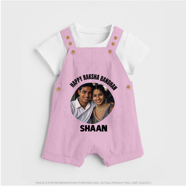 Happy Rakhi Cute Kids Print Dungaree – boy-girl sitting and tying rakhi illustration. - BABY PINK - 0 - 5 Months Old (Chest 18")
