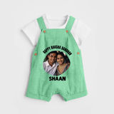 Happy Rakhi Cute Kids Print Dungaree – boy-girl sitting and tying rakhi illustration. - GREEN - 0 - 5 Months Old (Chest 18")