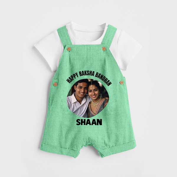 Happy Rakhi Cute Kids Print Dungaree – boy-girl sitting and tying rakhi illustration. - GREEN - 0 - 5 Months Old (Chest 18")