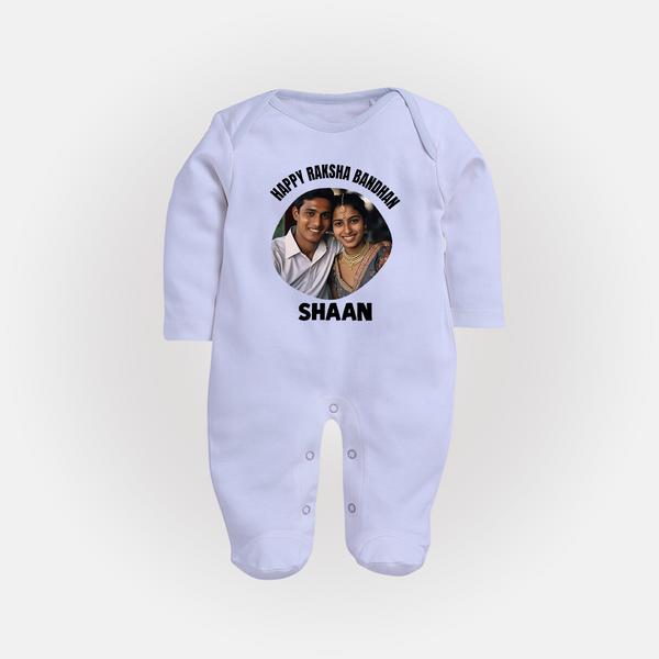 Happy Rakhi Cute Kids Print Fullbody Suit – boy-girl sitting and tying rakhi illustration. - BABY BLUE - New Born (Chest 7.5")