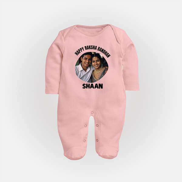 Happy Rakhi Cute Kids Print Fullbody Suit – boy-girl sitting and tying rakhi illustration. - BABY PINK - New Born (Chest 7.5")