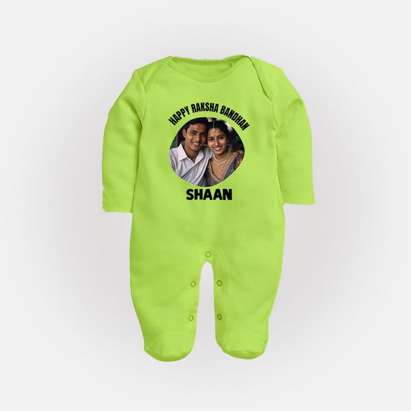 Happy Rakhi Cute Kids Print Fullbody Suit – boy-girl sitting and tying rakhi illustration. - LIME GREEN - New Born (Chest 7.5")