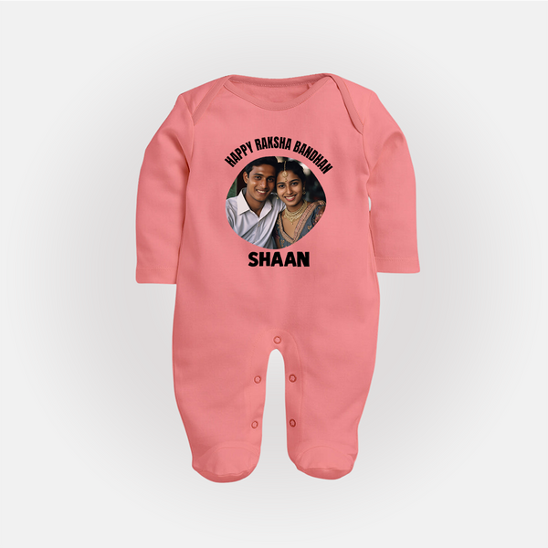 Happy Rakhi Cute Kids Print Fullbody Suit – boy-girl sitting and tying rakhi illustration. - PEACH - New Born (Chest 7.5")