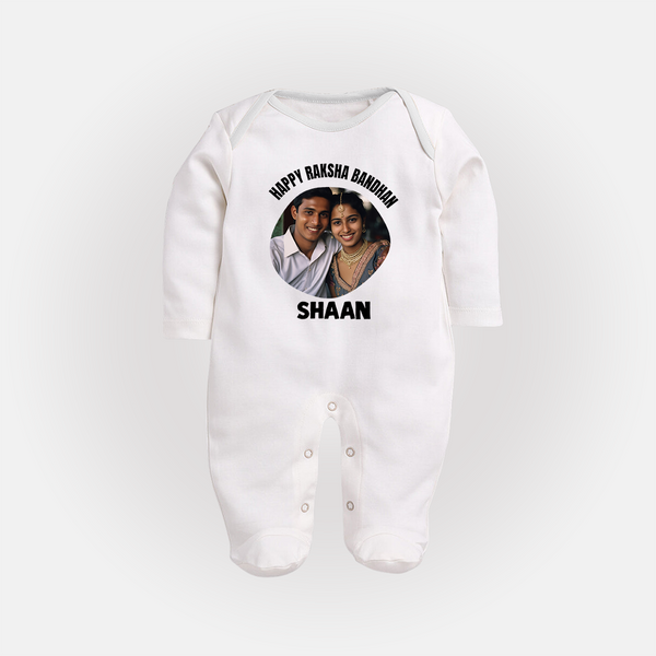 Happy Rakhi Cute Kids Print Fullbody Suit – boy-girl sitting and tying rakhi illustration. - WHITE - New Born (Chest 7.5")