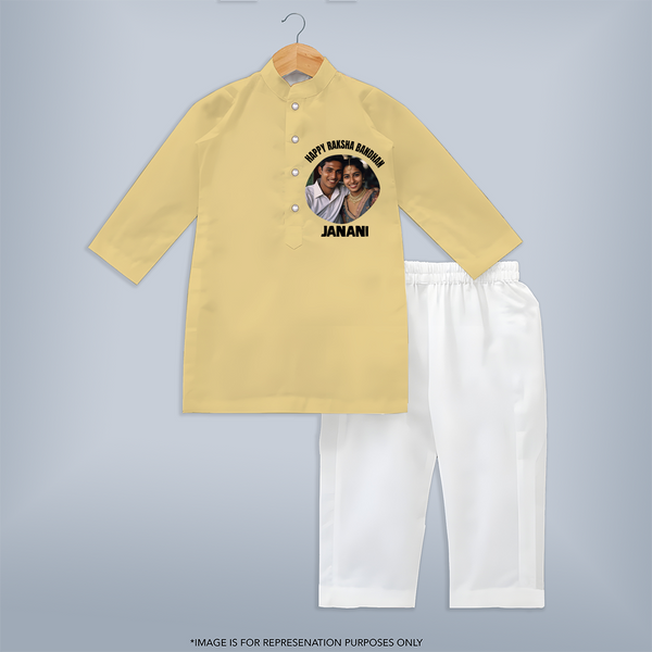 Happy Rakhi Cute Kids Print Kurta – boy-girl sitting and tying rakhi illustration. - PASTEL YELLOW - 3 - 6 Months Old (Chest 24", Kurta Length 14'', Waist 19", Pant Length 14")