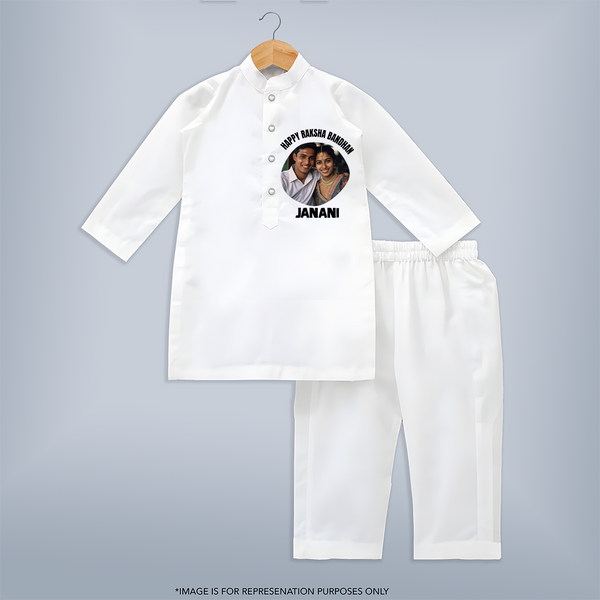 Happy Rakhi Cute Kids Print Kurta – boy-girl sitting and tying rakhi illustration. - WHITE - 3 - 6 Months Old (Chest 24", Kurta Length 14'', Waist 19", Pant Length 14")