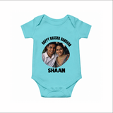 Happy Rakhi Cute Kids Print Romper  – boy-girl sitting and tying rakhi illustration. - ARCTIC BLUE - New Born (Chest 14")