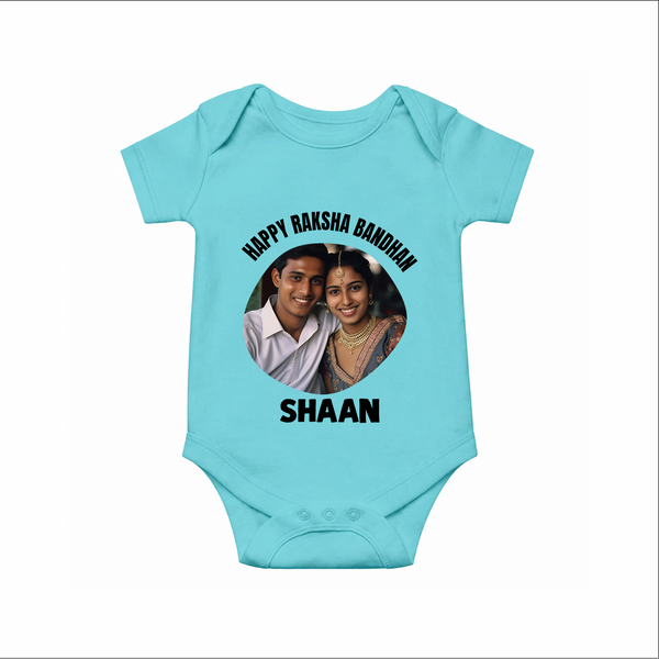 Happy Rakhi Cute Kids Print Romper  – boy-girl sitting and tying rakhi illustration. - ARCTIC BLUE - New Born (Chest 14")