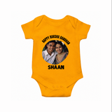 Happy Rakhi Cute Kids Print Romper  – boy-girl sitting and tying rakhi illustration. - CHROME YELLOW - New Born (Chest 14")