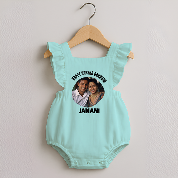 Happy Rakhi Cute Kids Print Romper Frock – boy-girl sitting and tying rakhi illustration. - MINT GREEN - 0 - 3 Months Old (Chest 19")