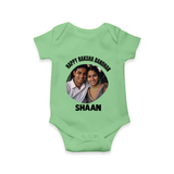 Happy Rakhi Cute Kids Print Romper  – boy-girl sitting and tying rakhi illustration. - GREEN - New Born (Chest 14")