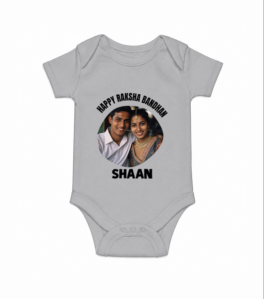 Happy Rakhi Cute Kids Print Romper  – boy-girl sitting and tying rakhi illustration. - GREY - New Born (Chest 14")