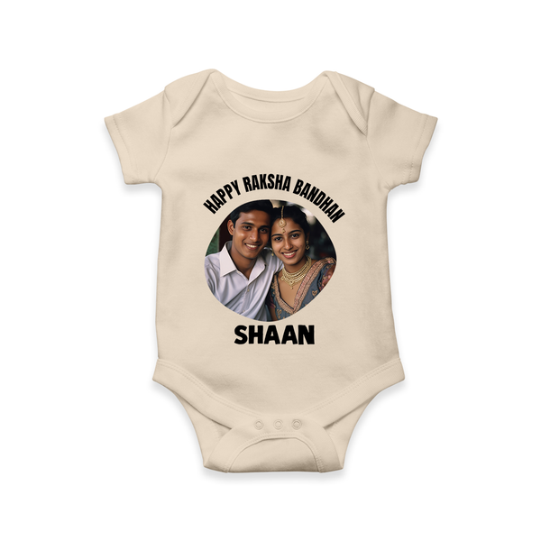 Happy Rakhi Cute Kids Print Romper  – boy-girl sitting and tying rakhi illustration. - IVORY - New Born (Chest 14")