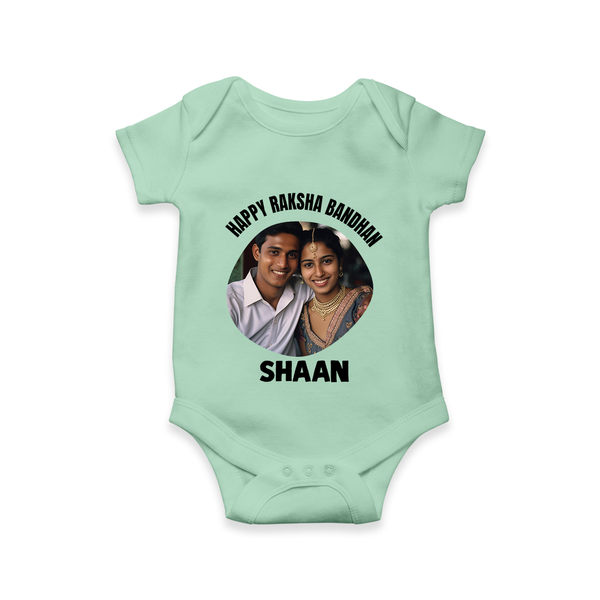 Happy Rakhi Cute Kids Print Romper  – boy-girl sitting and tying rakhi illustration. - MINT GREEN - New Born (Chest 14")