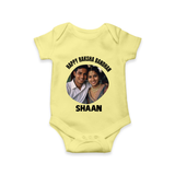 Happy Rakhi Cute Kids Print Romper  – boy-girl sitting and tying rakhi illustration. - PASTEL YELLOW - New Born (Chest 14")