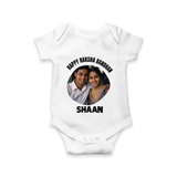 Happy Rakhi Cute Kids Print Romper  – boy-girl sitting and tying rakhi illustration. - WHITE - New Born (Chest 14")