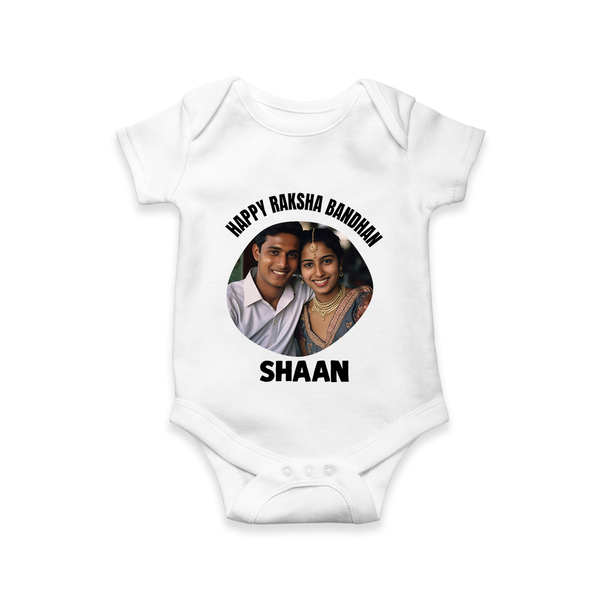 Happy Rakhi Cute Kids Print Romper  – boy-girl sitting and tying rakhi illustration. - WHITE - New Born (Chest 14")