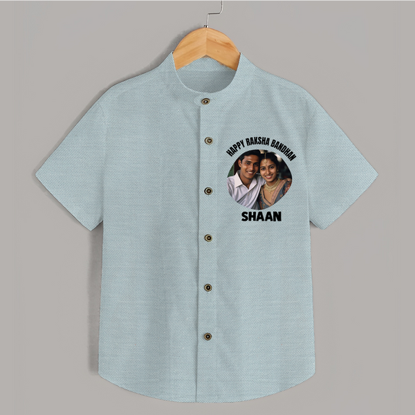 Happy Rakhi Cute Kids Print Shirt – boy-girl sitting and tying rakhi illustration. - ARCTIC BLUE - 0 - 6 Months Old (Chest 23")