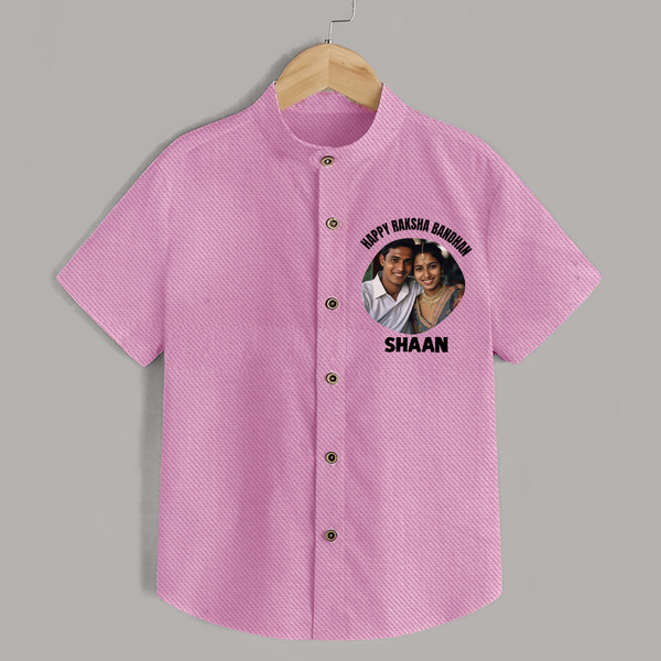 Happy Rakhi Cute Kids Print Shirt – boy-girl sitting and tying rakhi illustration. - BABY PINK - 0 - 6 Months Old (Chest 23")