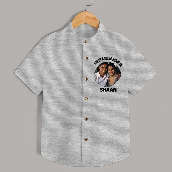 Happy Rakhi Cute Kids Print Shirt – boy-girl sitting and tying rakhi illustration. - GREY - 0 - 6 Months Old (Chest 23")