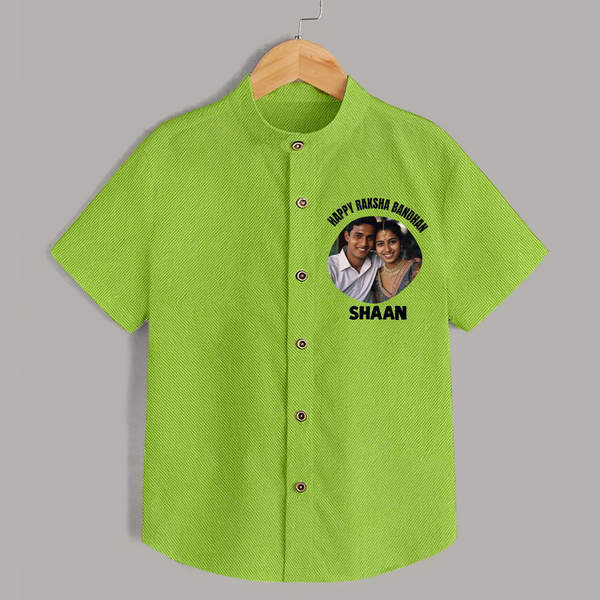 Happy Rakhi Cute Kids Print Shirt – boy-girl sitting and tying rakhi illustration. - LIME GREEN - 0 - 6 Months Old (Chest 23")