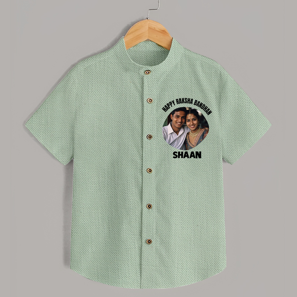 Happy Rakhi Cute Kids Print Shirt – boy-girl sitting and tying rakhi illustration. - MINT GREEN - 0 - 6 Months Old (Chest 23")